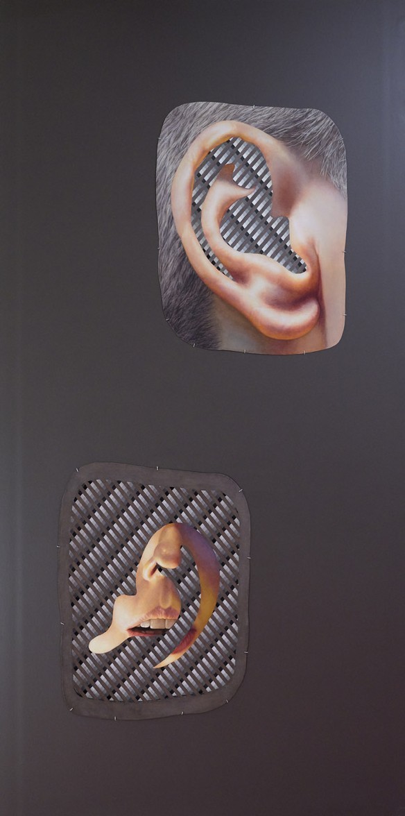 Grey wall with two cut-outs, one with an ear and one with a mouth. Grey stripes are inside the ears and surround the mouth.